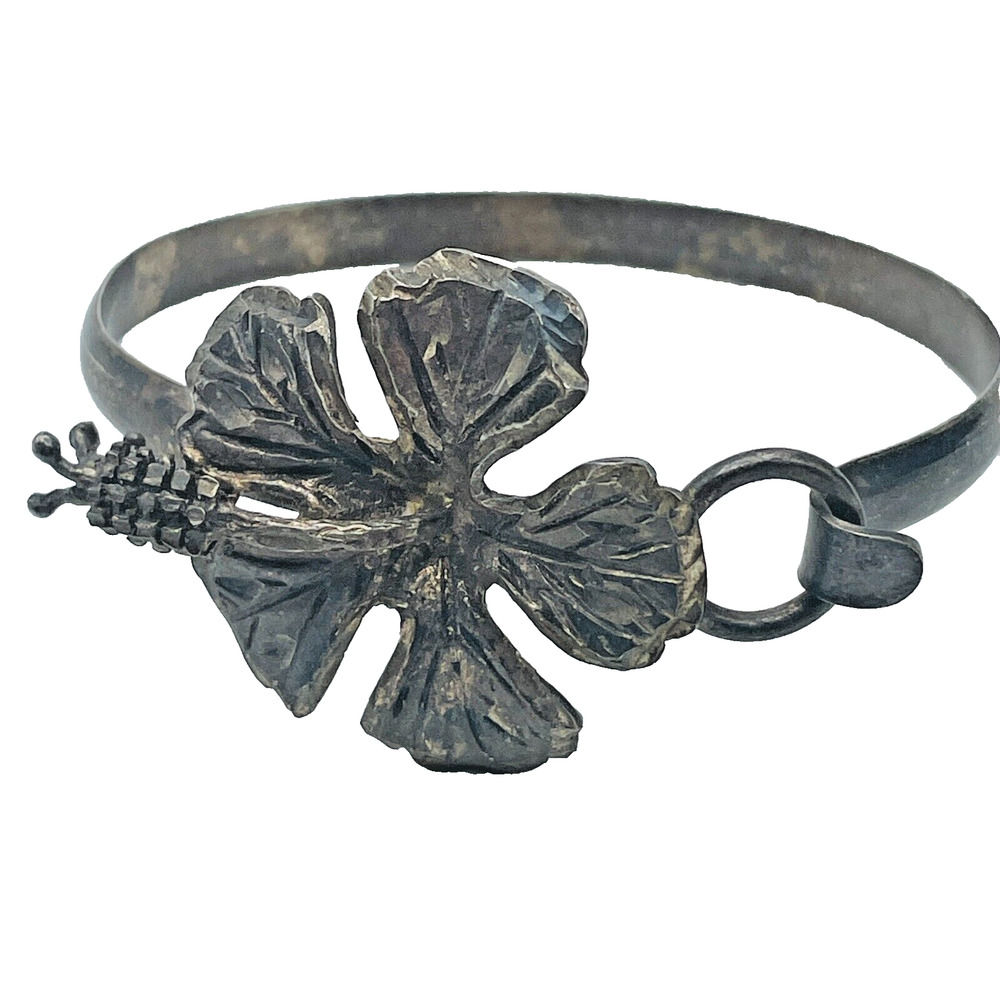 Sterling Silver Hibiscus Flower Tension Hook Bracelet Floral Stamped 925 Vintage